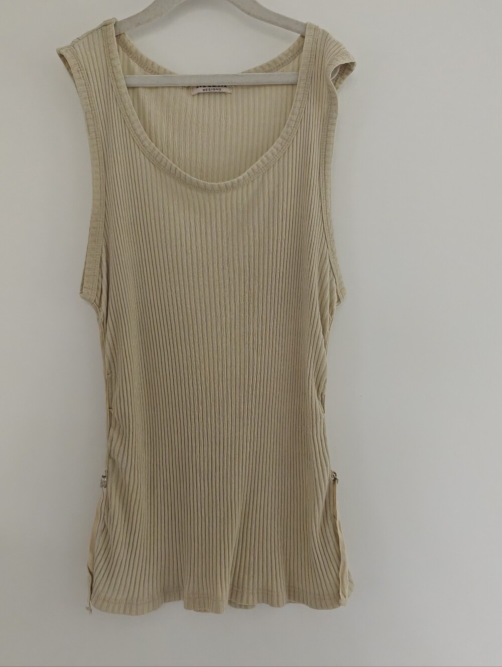 Vintage Y2K M.K.M Design Beige Ribbed Knit Scoop Neck Sleeveless Tank Top Size M